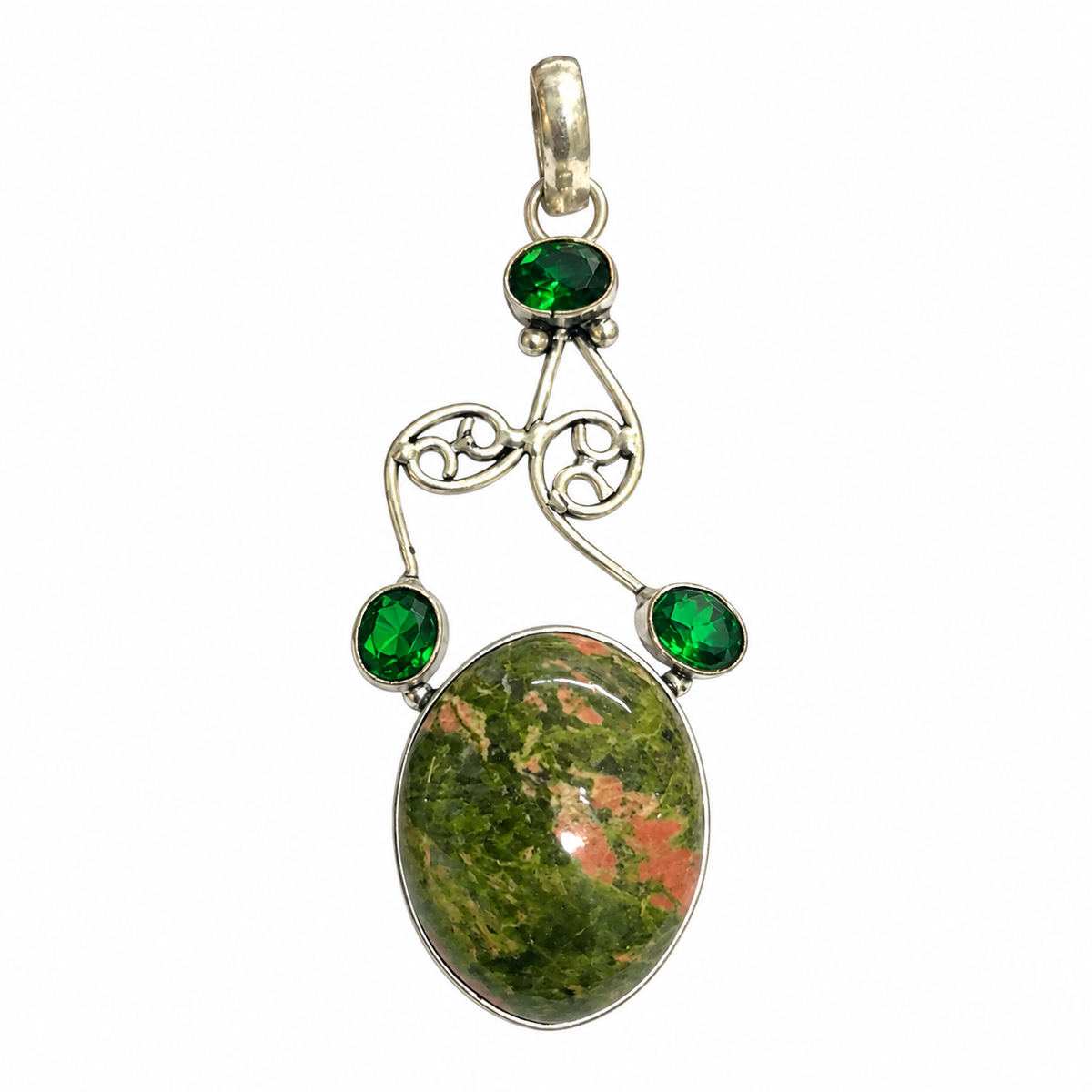 Green Unakite Gemstone Pendant in Silver Tone Artistic Style PEN612-SLV-NRUN-LQUA04