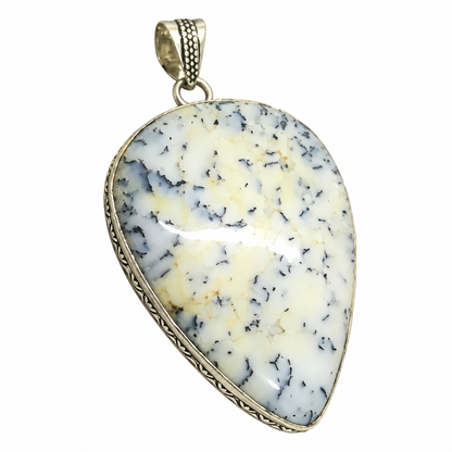 Natural Dendritic Agate Pendant, White Black Pear Gemstone PEN614-SLV-NDAG01