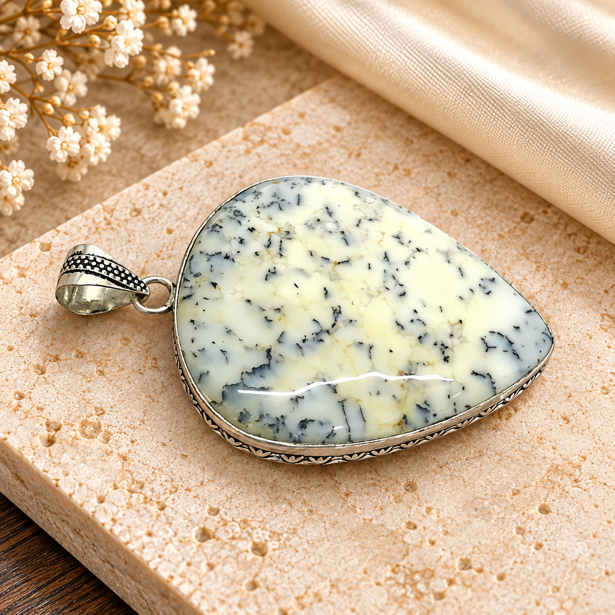 Natural Dendritic Agate Pendant, White Black Pear Gemstone PEN614-SLV-NDAG01