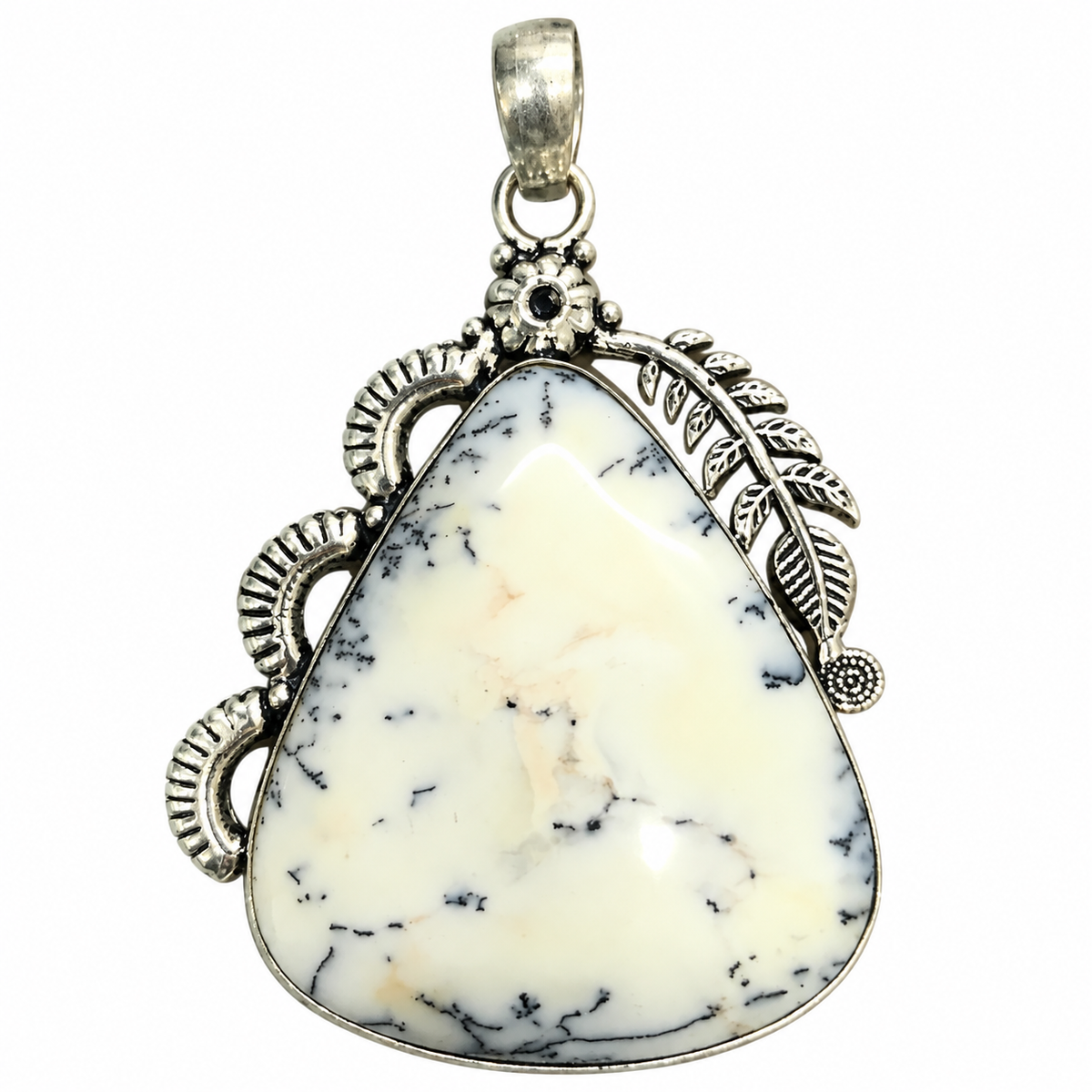 Natural Dendritic Agate Pendant, White Gray Pear Gemstone PEN615-SLV-SLV-NDAG01