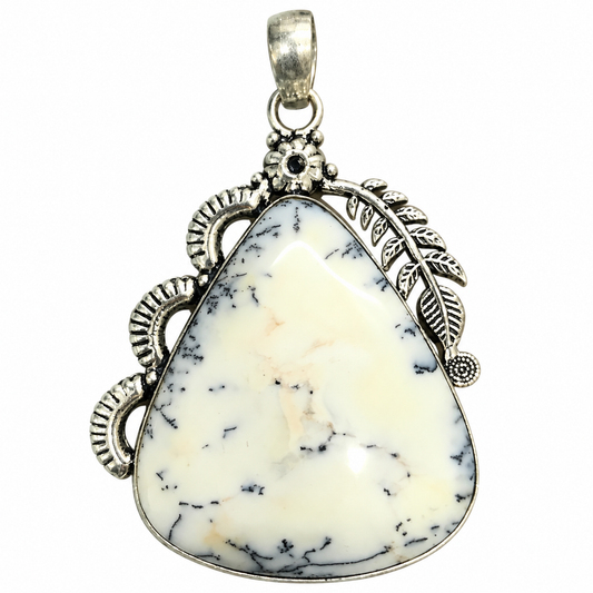 Natural Dendritic Agate Pendant, White Gray Pear Gemstone PEN615-SLV-SLV-NDAG01