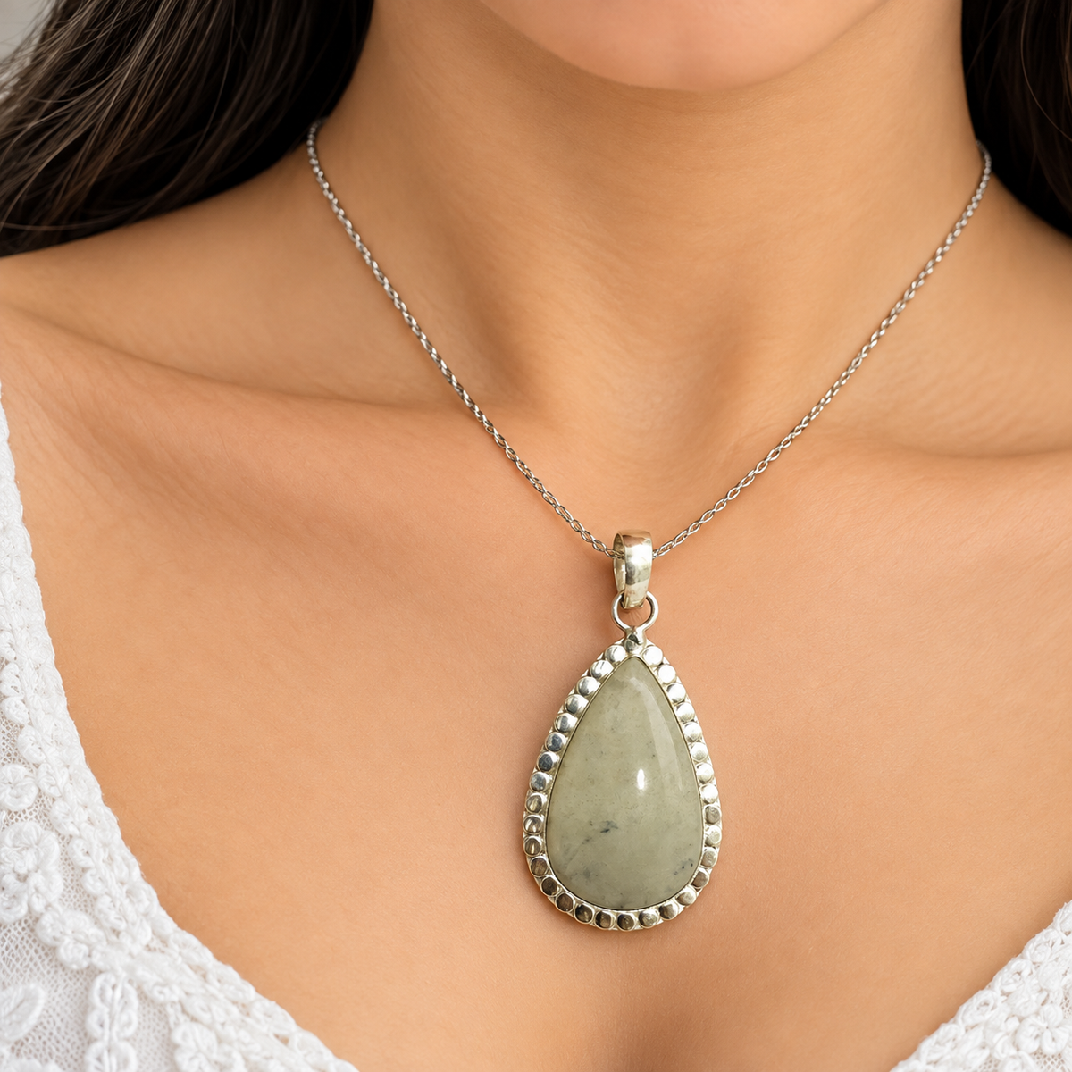 Elegant Silver Teardrop Green Jasper Gemstone Pendant PEN616-SLV-NJR01
