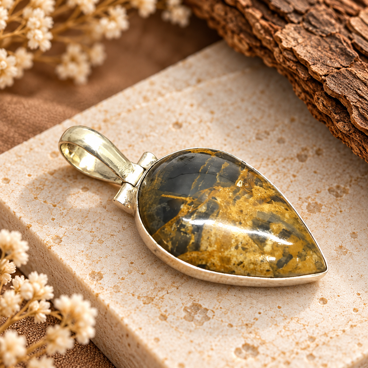 Natural Golden Black Jasper Silver Teardrop Pendant PEN617-SLV-NJR01