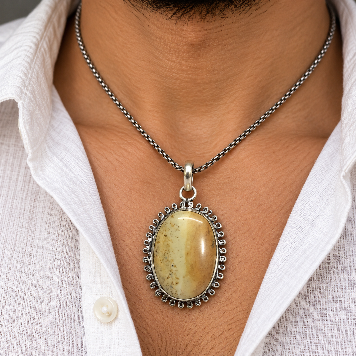 Vintage Silver Oval Picture Jasper Gemstone Pendant PEN618-SLV-NPJR01