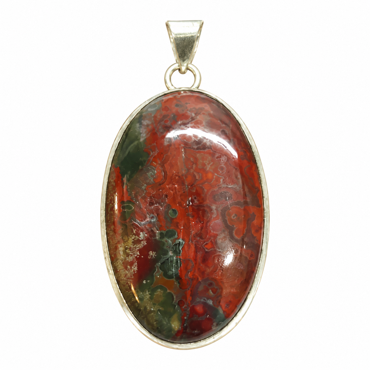 Natural Bloodstone Jasper Oval Gemstone Silver Bezel Pendant PEN619-SLV-NJR01