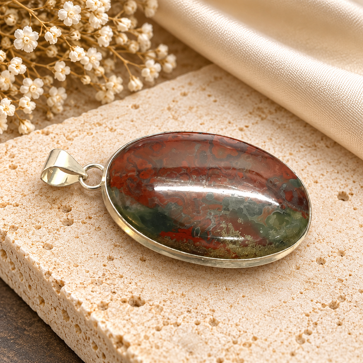 Natural Bloodstone Jasper Oval Gemstone Silver Bezel Pendant PEN619-SLV-NJR01