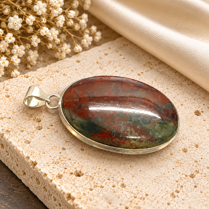 Natural Bloodstone Jasper Oval Gemstone Silver Bezel Pendant PEN619-SLV-NJR01