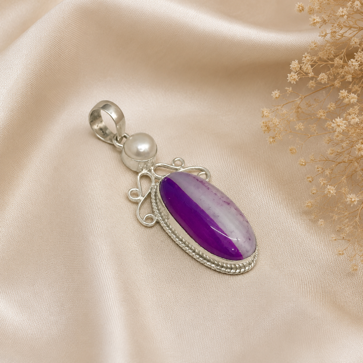 Natural Purple Agate Oval Pendant, Silver Tone Boho Statement Jewelry PEN62-NAG-NPRL02
