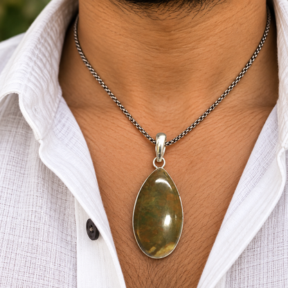 Natural Green Jasper Silver Teardrop Gemstone Pendant PEN620-SLV-NJR01