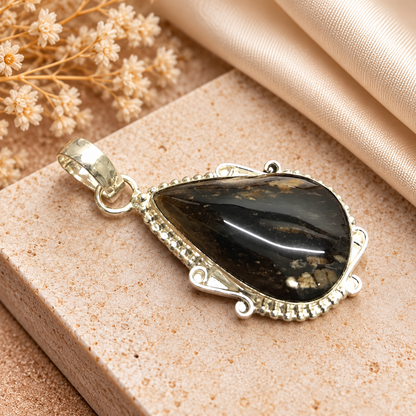 Handcrafted Silver Black Jasper Teardrop Gemstone Pendant PEN621-SLV-NJR01