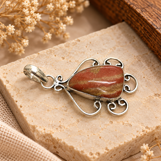 Vintage Silver Red Jasper Filigree Teardrop Gemstone Pendant PEN622-SLV-NJR01