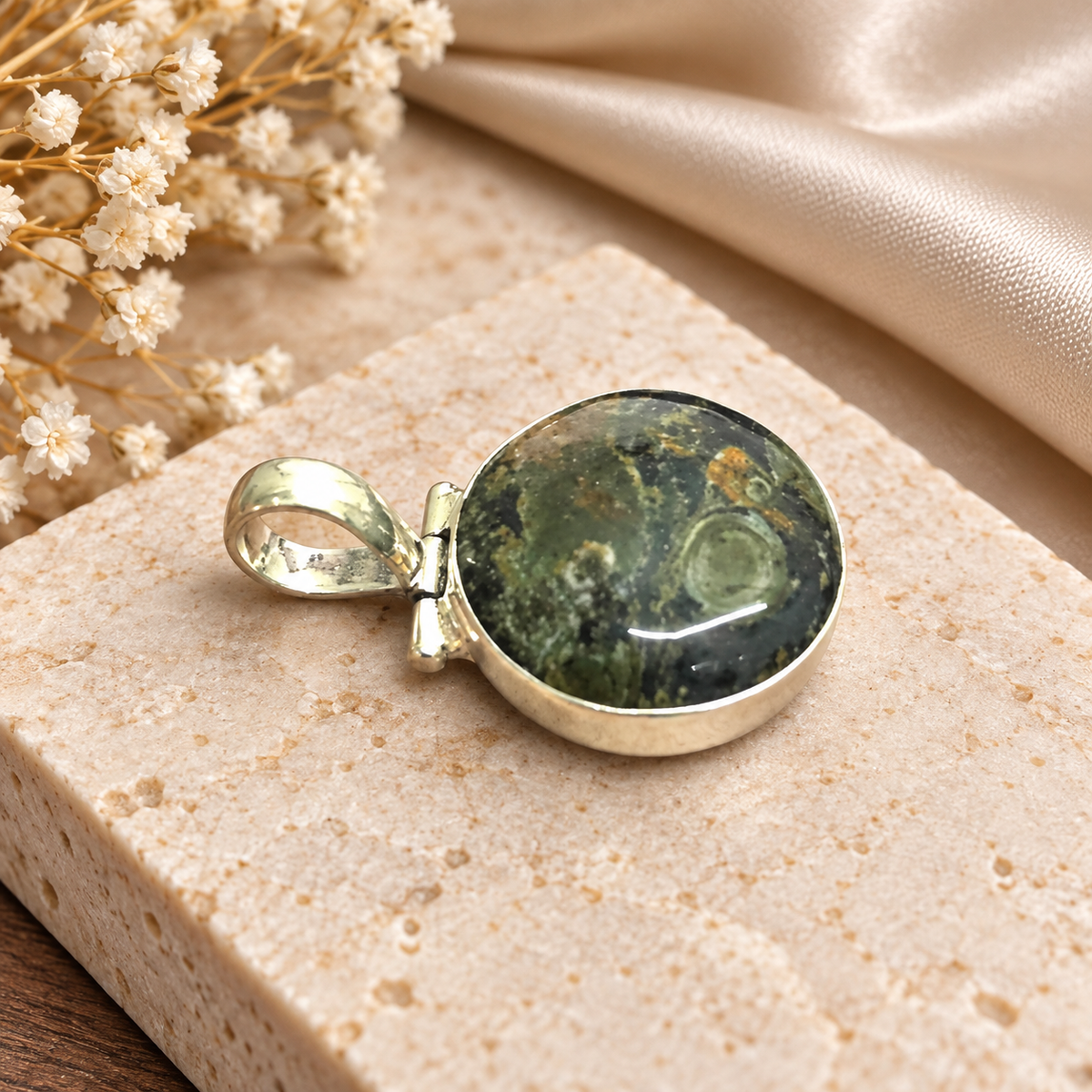 Natural Round Kambaba Jasper Silver Bezel Gemstone Pendant PEN623-SLV-NKJR01