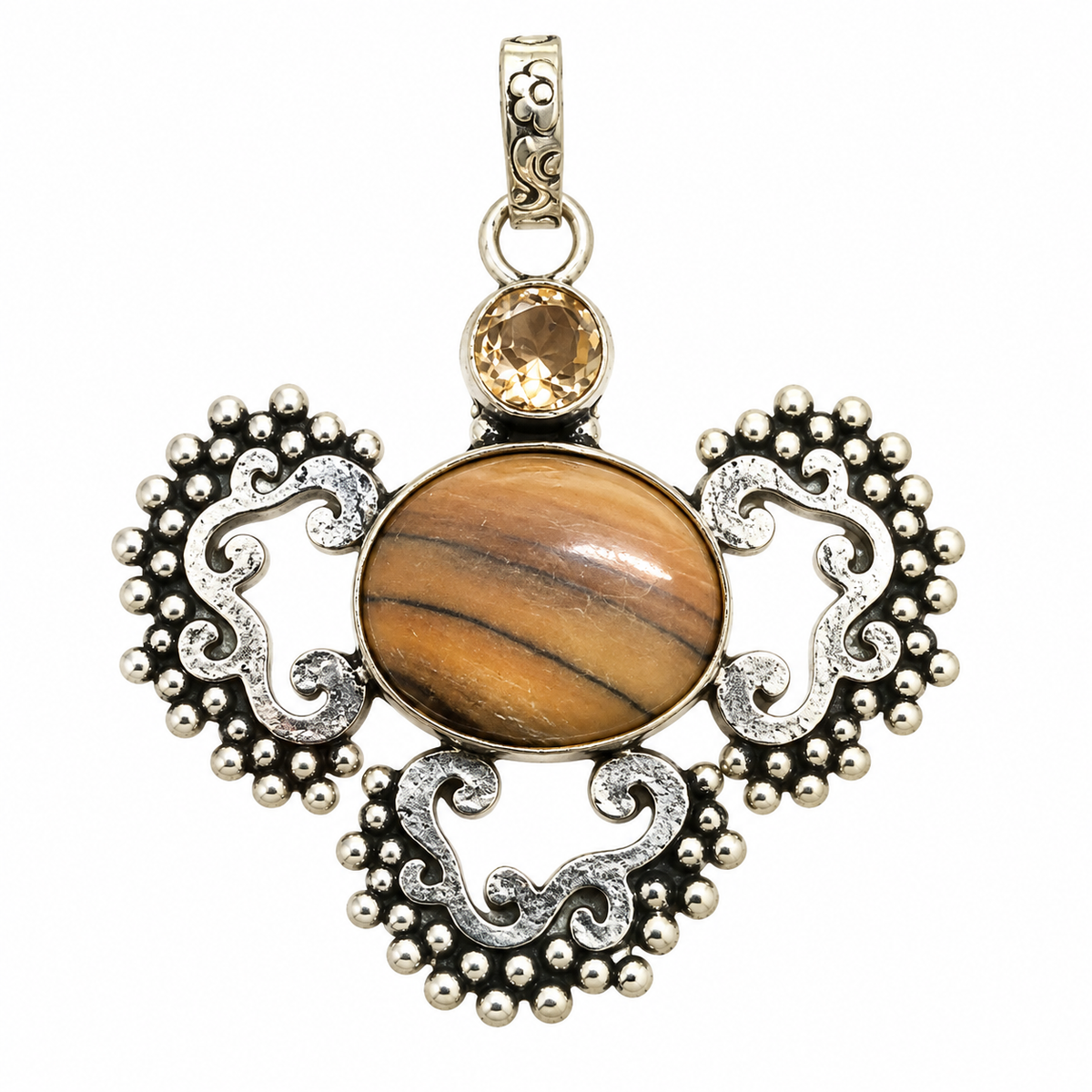 Vintage Silver Picture Jasper & Quartz Ornate Gemstone Pendant PEN624-SLV-LQUA-NJR02