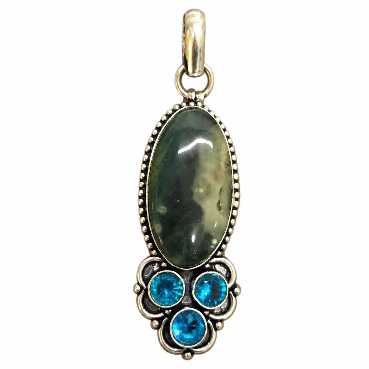 Silver Oval Moss Agate & Blue Topaz Gemstone Pendant PEN626-SLV-LBT-NAG04