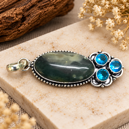 Silver Oval Moss Agate & Blue Topaz Gemstone Pendant PEN626-SLV-LBT-NAG04