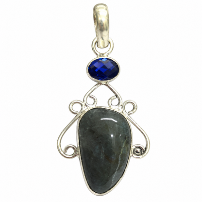 Silver Dark Agate & Blue Quartz Filigree Pendant PEN627-SLV-LQUA-NAG02