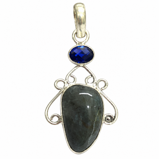 Silver Dark Agate & Blue Quartz Filigree Pendant PEN627-SLV-LQUA-NAG02