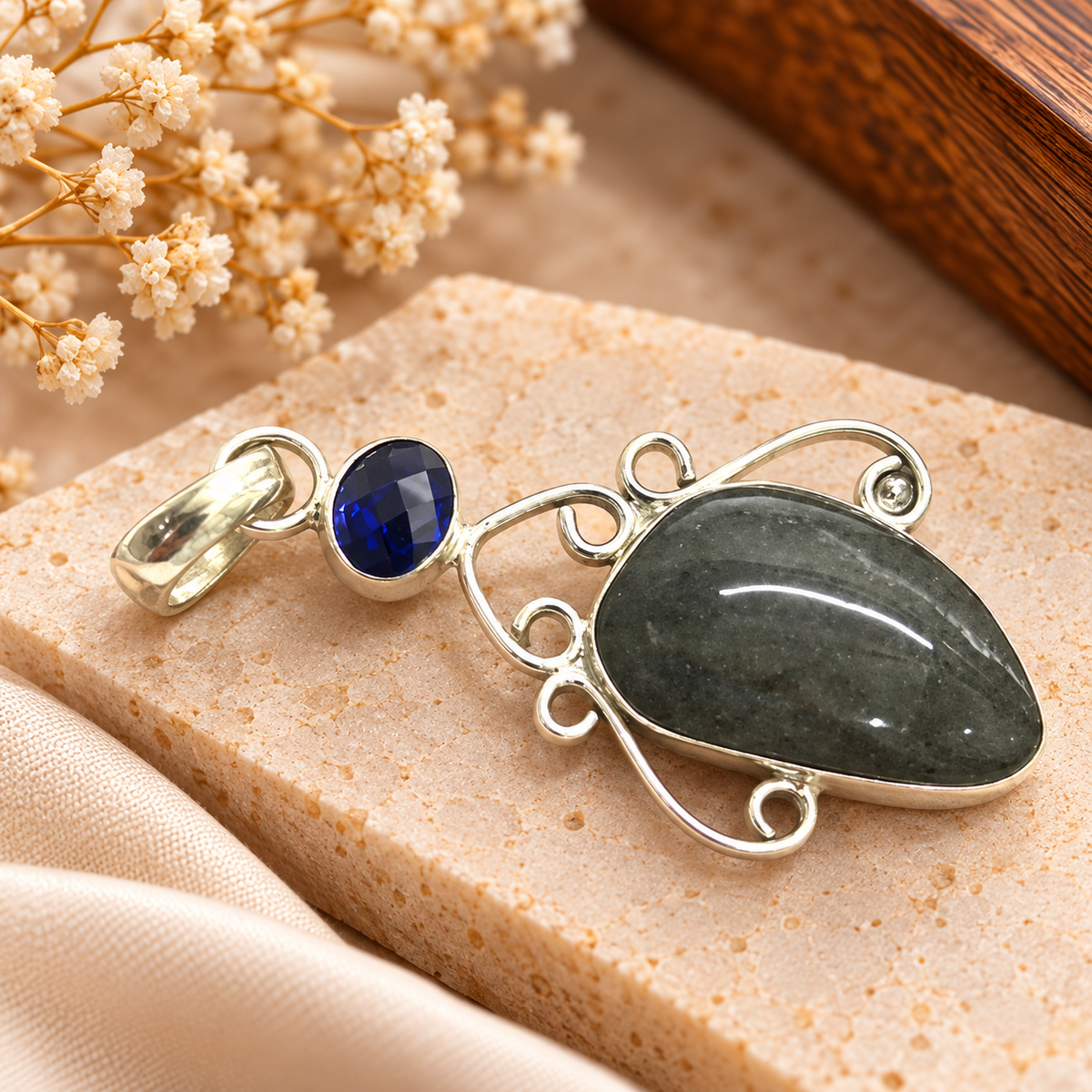 Silver Dark Agate & Blue Quartz Filigree Pendant PEN627-SLV-LQUA-NAG02
