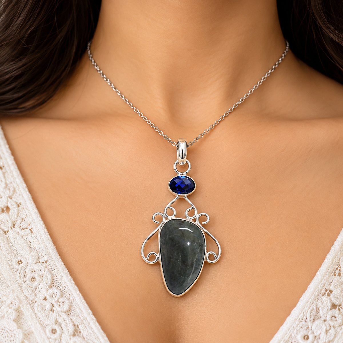 Silver Dark Agate & Blue Quartz Filigree Pendant PEN627-SLV-LQUA-NAG02