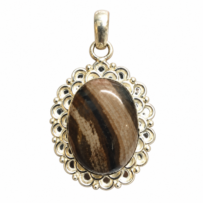 Vintage Oval Banded Jasper Silver Scalloped Pendant PEN629-SLV-NJR01