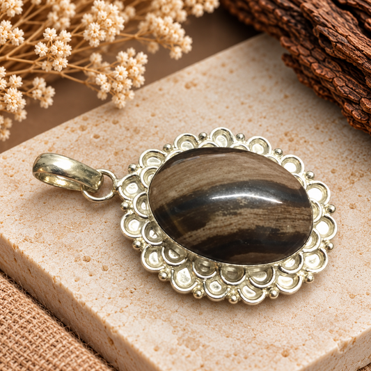 Vintage Oval Banded Jasper Silver Scalloped Pendant PEN629-SLV-NJR01
