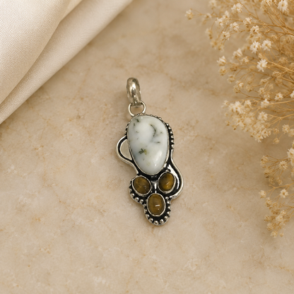 Dendritic Agate Tiger Eye Pendant, Silver Tone Boho Statement Jewelry PEN63-SLV-NDAG-NTE04