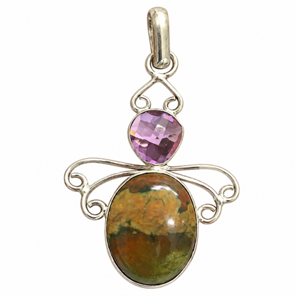 Silver Green Jasper & Amethyst Filigree Pendant PEN630-SLV-LQUA-NJR02