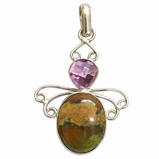 Silver Green Jasper & Amethyst Filigree Pendant PEN630-SLV-LQUA-NJR02