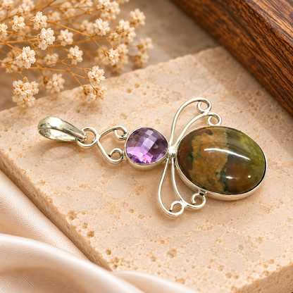 Silver Green Jasper & Amethyst Filigree Pendant PEN630-SLV-LQUA-NJR02