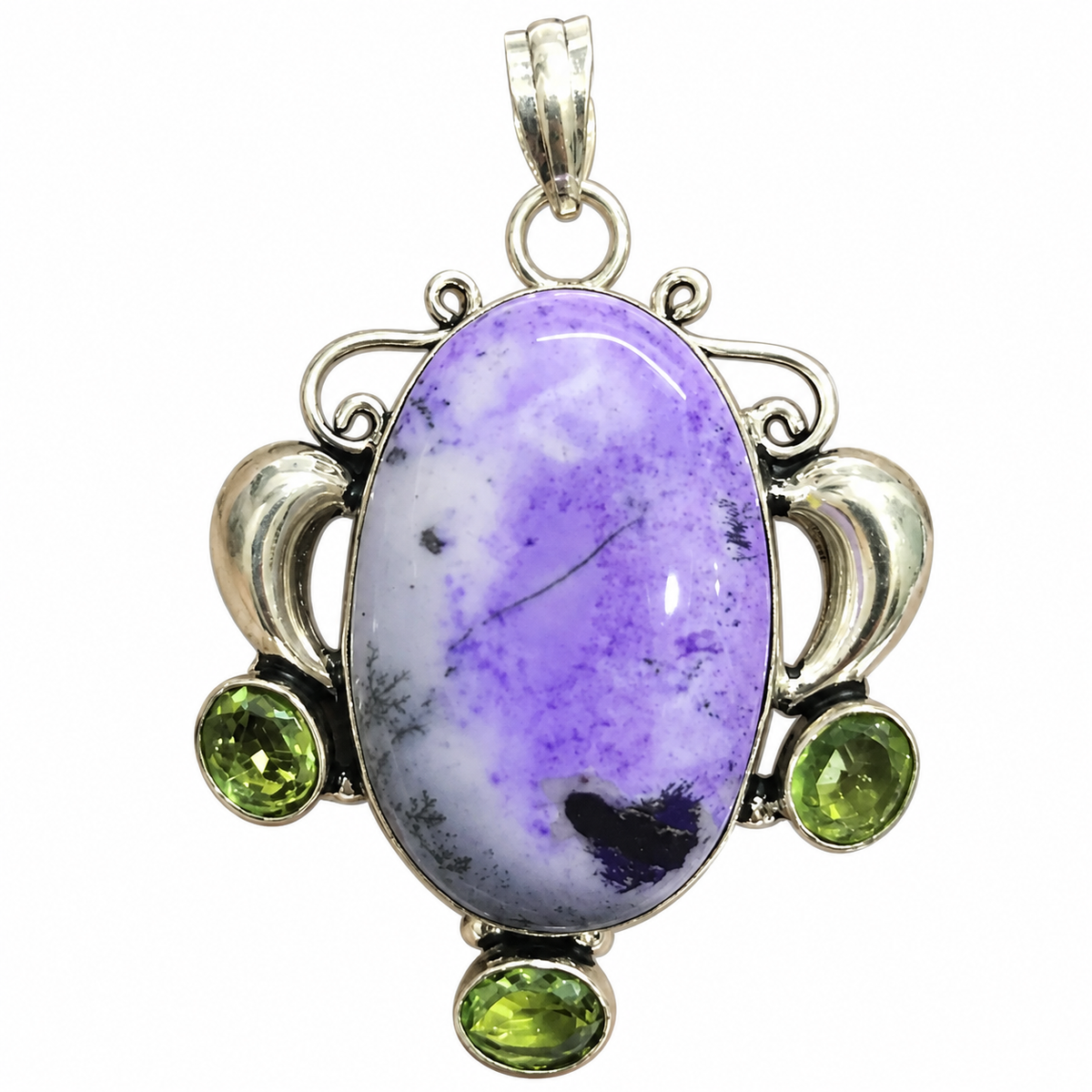Silver Purple Dyed Dendritic Agate & Peridot Pendant PEN631-SLV-LQUA-NDAG01