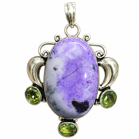 Silver Purple Dyed Dendritic Agate & Peridot Pendant PEN631-SLV-LQUA-NDAG01