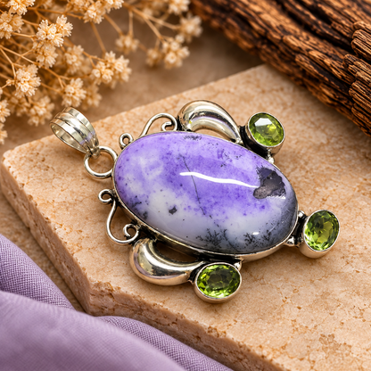 Silver Purple Dyed Dendritic Agate & Peridot Pendant PEN631-SLV-LQUA-NDAG01