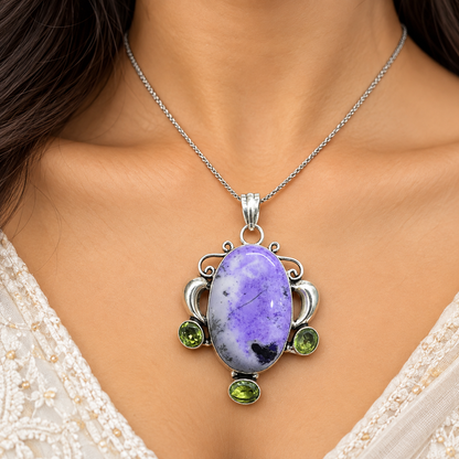 Silver Purple Dyed Dendritic Agate & Peridot Pendant PEN631-SLV-LQUA-NDAG01