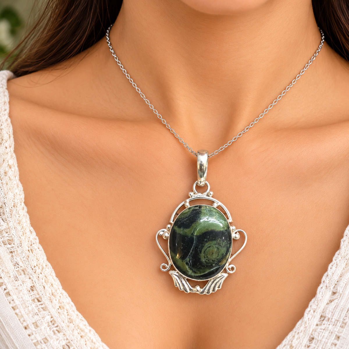 Kambaba Jasper Silver Pendant for Women, Elegant Gemstone PEN633-SLV-NKJR01
