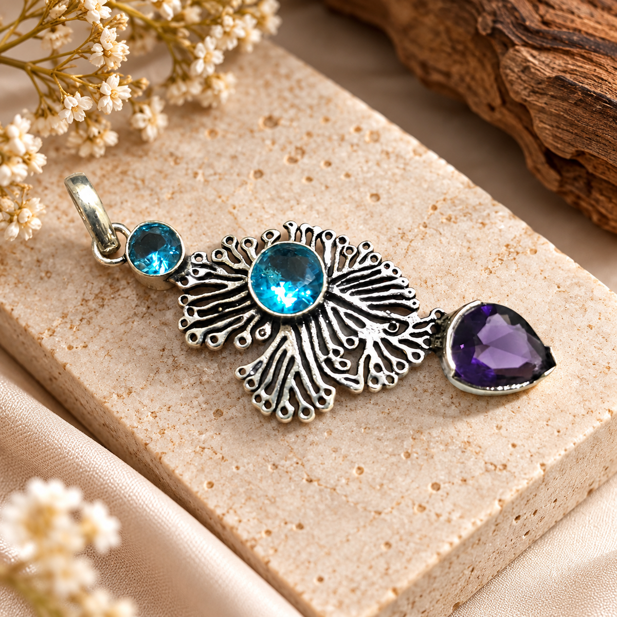 Blue Purple Gemstone Silver Pendant for Women Elegant Style PEN635-SLV-LQUA03