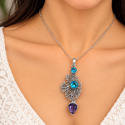 Blue Purple Gemstone Silver Pendant for Women Elegant Style PEN635-SLV-LQUA03