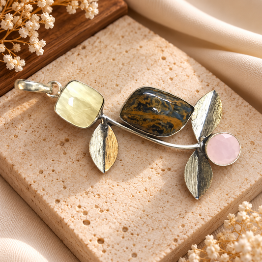 Multicolor Gemstone Silver Pendant for Women Floral Design PEN637-SLV-NPT-LMUT03