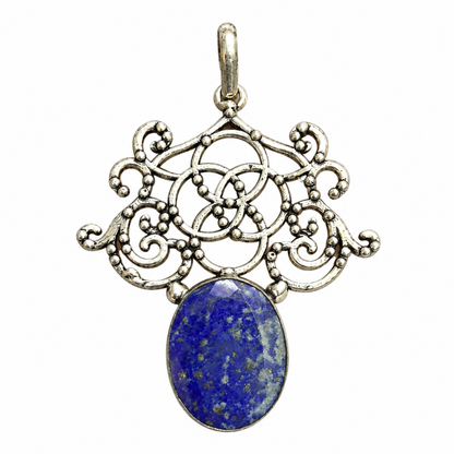 Lapis Lazuli Silver Pendant for Women Vintage Floral Design PEN640-SLV-NLLZ01