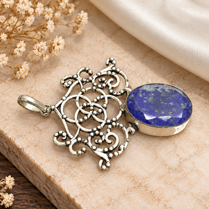 Lapis Lazuli Silver Pendant for Women Vintage Floral Design PEN640-SLV-NLLZ01