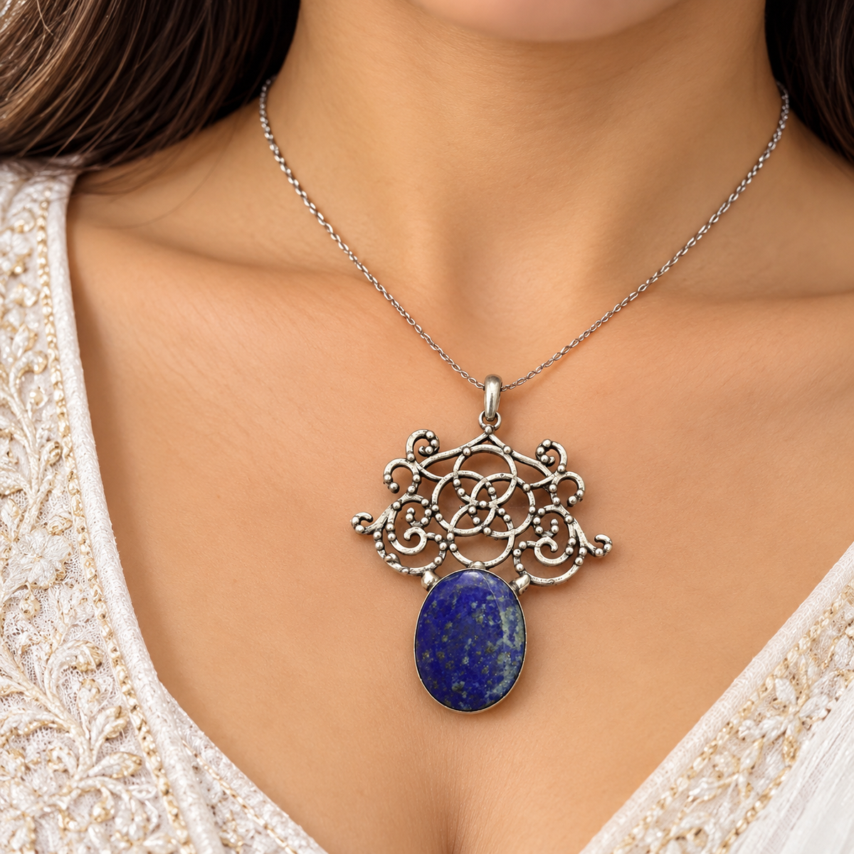 Lapis Lazuli Silver Pendant for Women Vintage Floral Design PEN640-SLV-NLLZ01