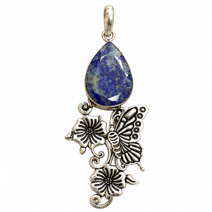 Blue Lapis Lazuli Silver Tone Floral Butterfly Pendant PEN641-SLV-NLLZ01