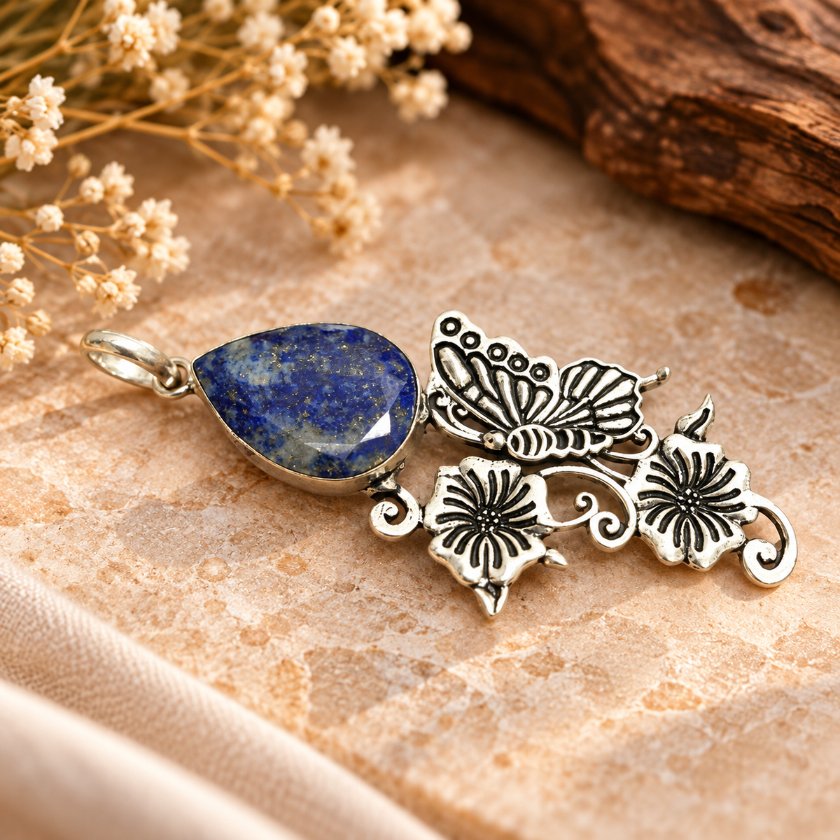 Blue Lapis Lazuli Silver Tone Floral Butterfly Pendant PEN641-SLV-NLLZ01