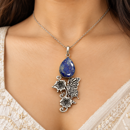 Blue Lapis Lazuli Silver Tone Floral Butterfly Pendant PEN641-SLV-NLLZ01