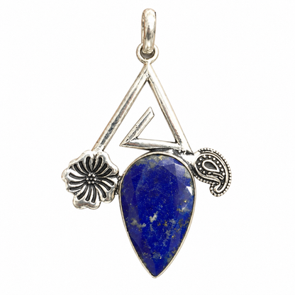 Blue Lapis Lazuli Geometric Silver Tone Floral Pendant PEN642-SLV-NLLZ01