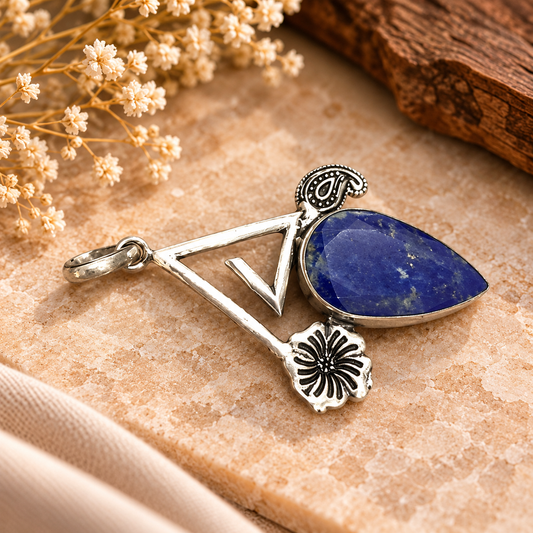 Blue Lapis Lazuli Geometric Silver Tone Floral Pendant PEN642-SLV-NLLZ01