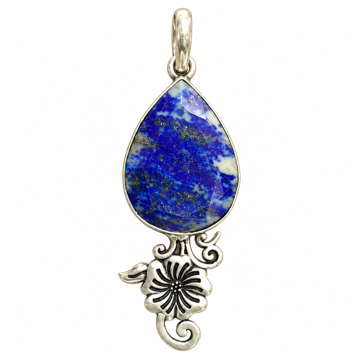 Blue Lapis Lazuli Floral Silver Tone Gemstone Pendant PEN643-SLV-NLLZ01