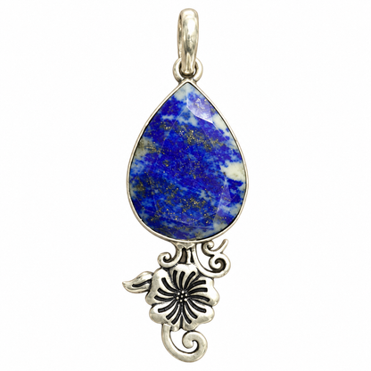 Blue Lapis Lazuli Floral Silver Tone Gemstone Pendant PEN643-SLV-NLLZ01