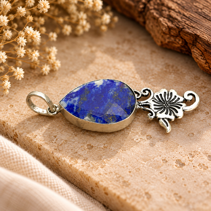 Blue Lapis Lazuli Floral Silver Tone Gemstone Pendant PEN643-SLV-NLLZ01