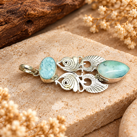 Larimar Blue Gemstone Silver Tone Ocean Inspired Pendant PEN644-SLV-NLAR02