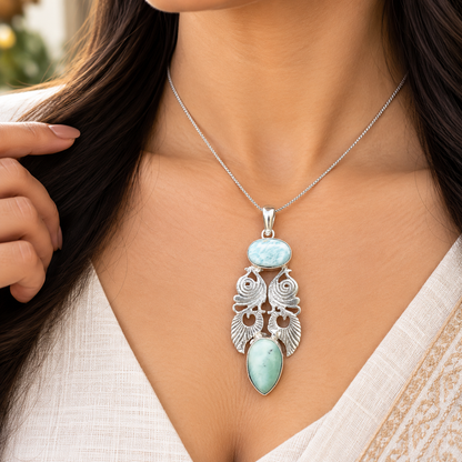 Larimar Blue Gemstone Silver Tone Ocean Inspired Pendant PEN644-SLV-NLAR02
